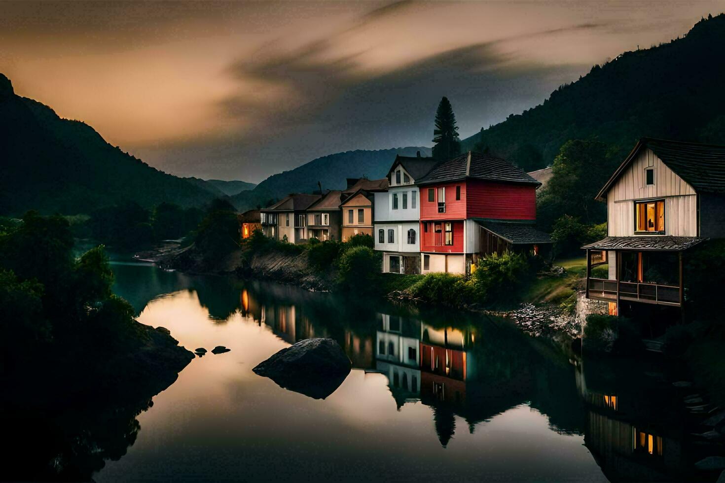 un' fiume nel il montagne con case su il costa. ai-generato foto