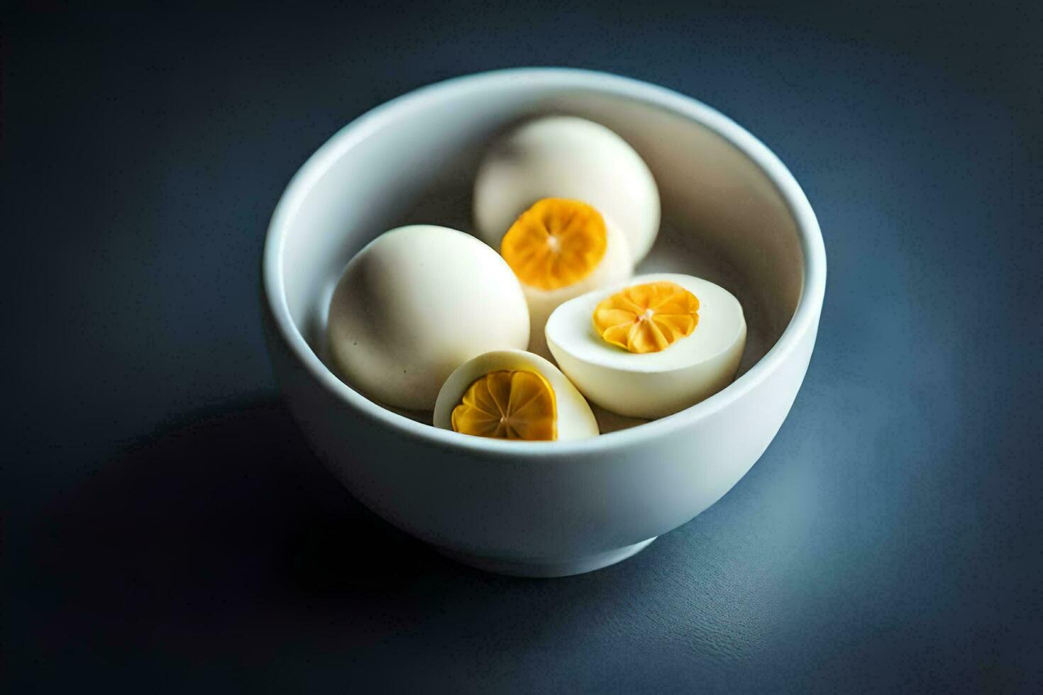un' ciotola di bollito uova su un' buio sfondo. ai-generato foto