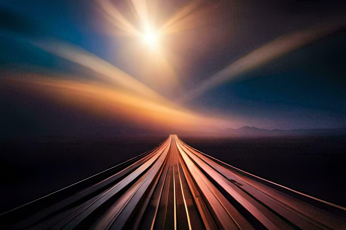 un' treno traccia con leggero splendente attraverso esso. ai-generato foto
