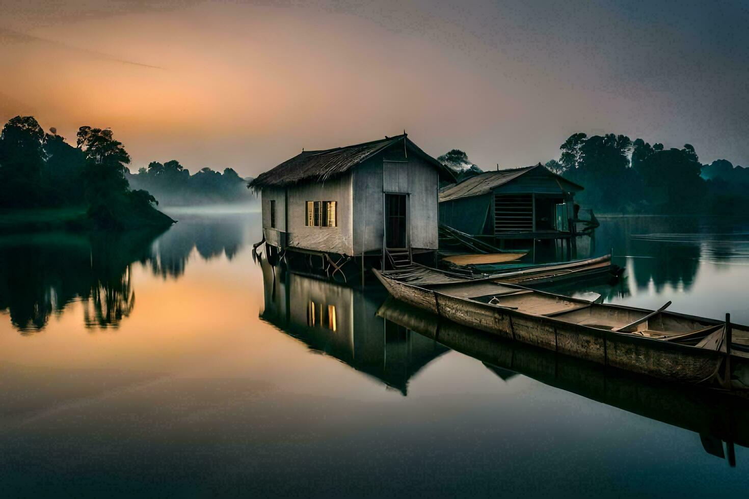 un' barca si siede su il acqua a Alba. ai-generato foto