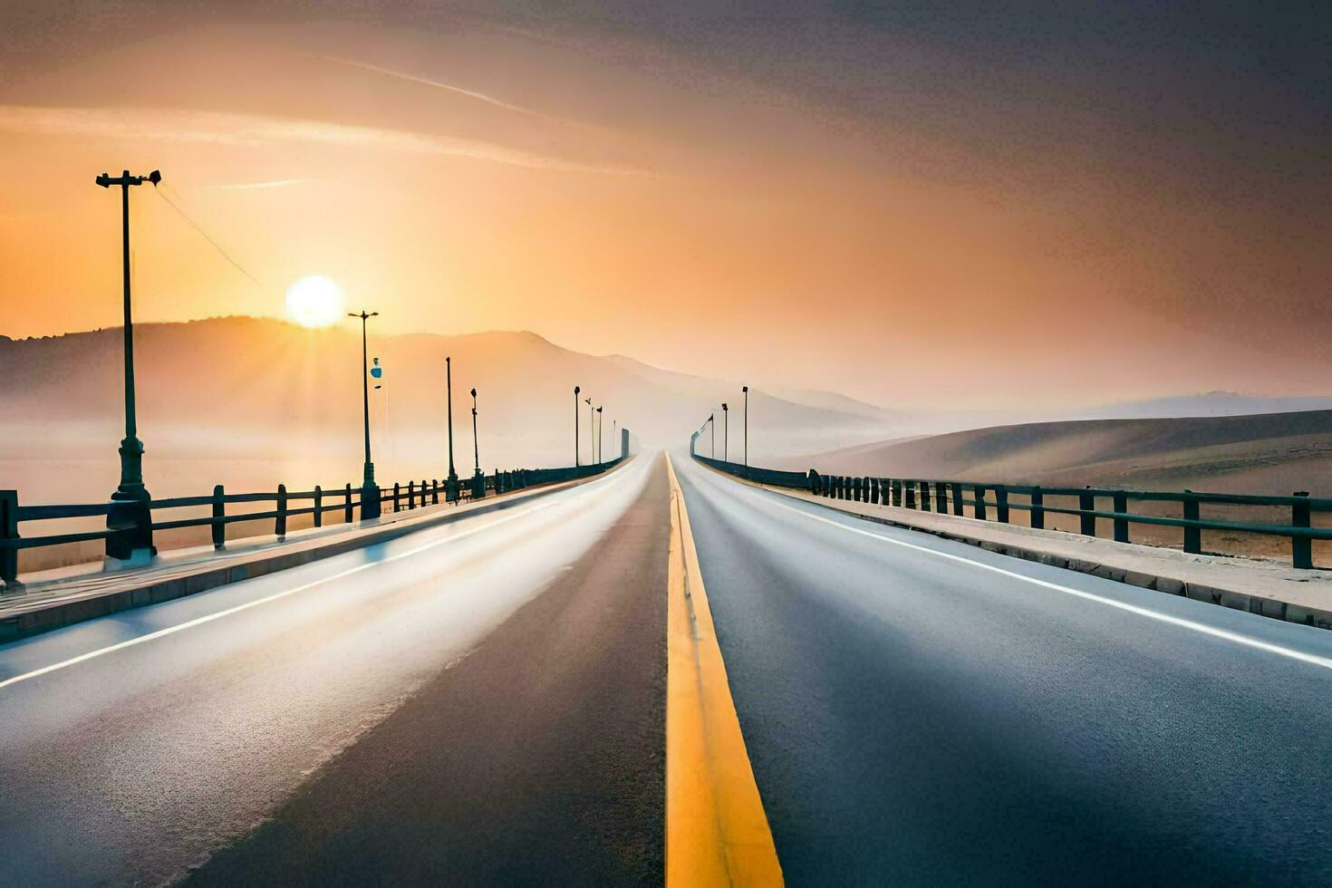 un' lungo ponte con il sole ambientazione dietro a esso. ai-generato foto