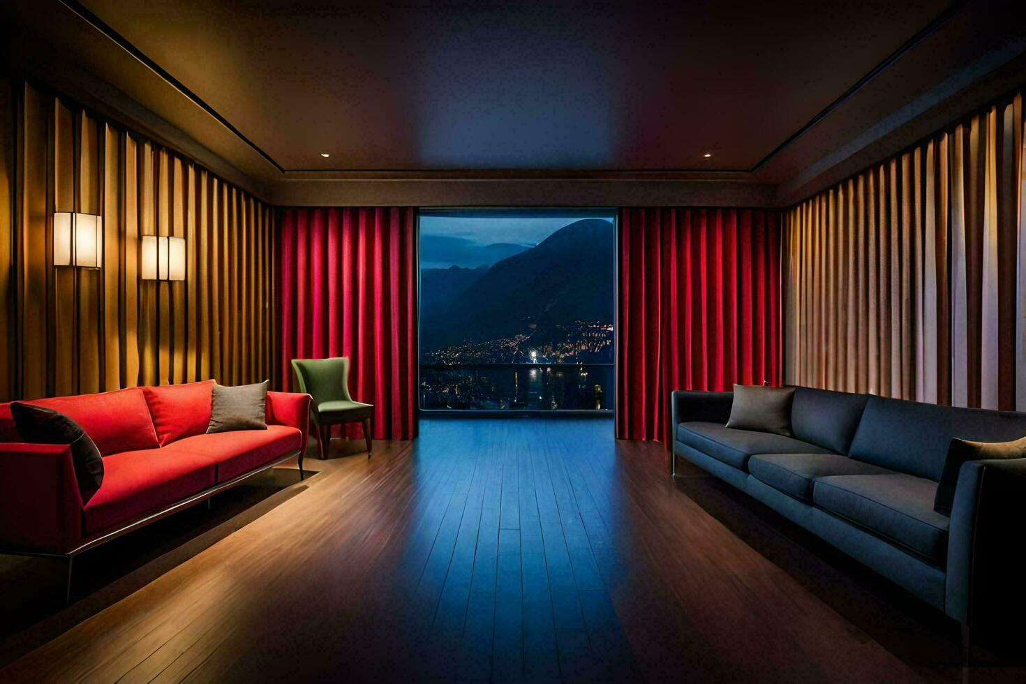 un' vivente camera con rosso le tende e un' Visualizza di il montagne. ai-generato foto