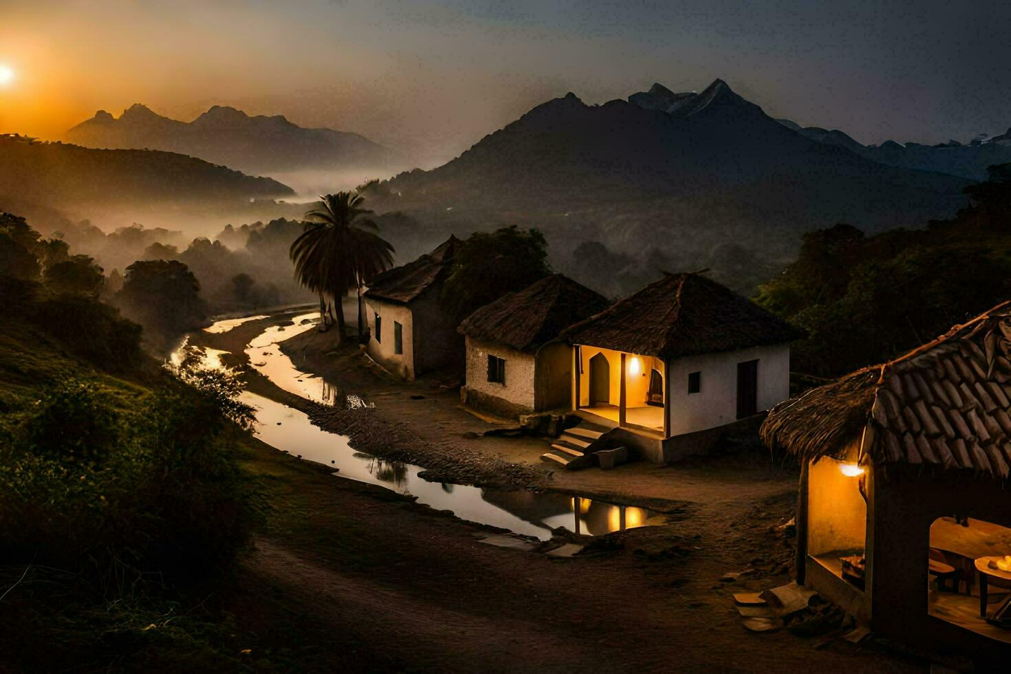 un' Casa nel il montagne a tramonto. ai-generato foto