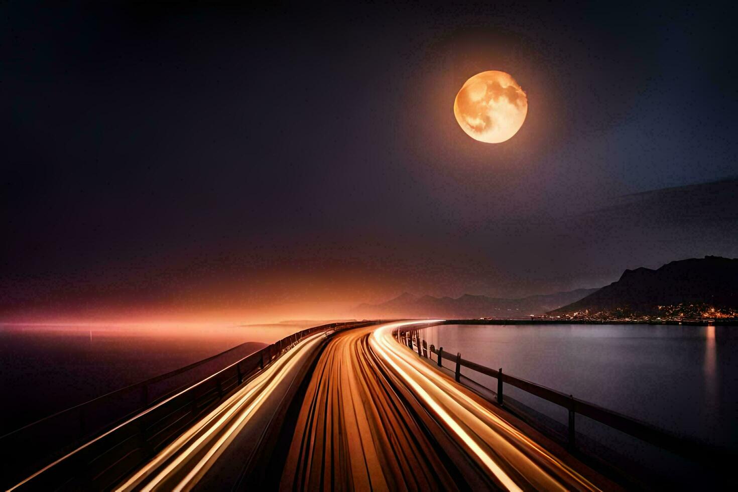 un' pieno Luna è visto al di sopra di il oceano e un' autostrada. ai-generato foto