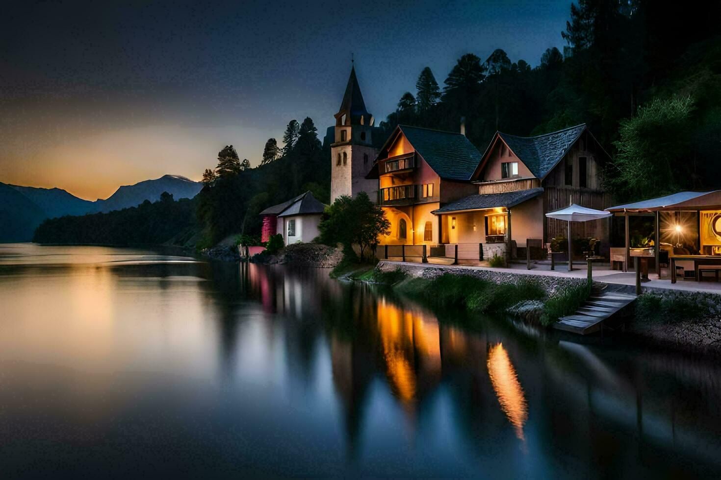 un' Casa si siede su il riva di un' lago a crepuscolo. ai-generato foto