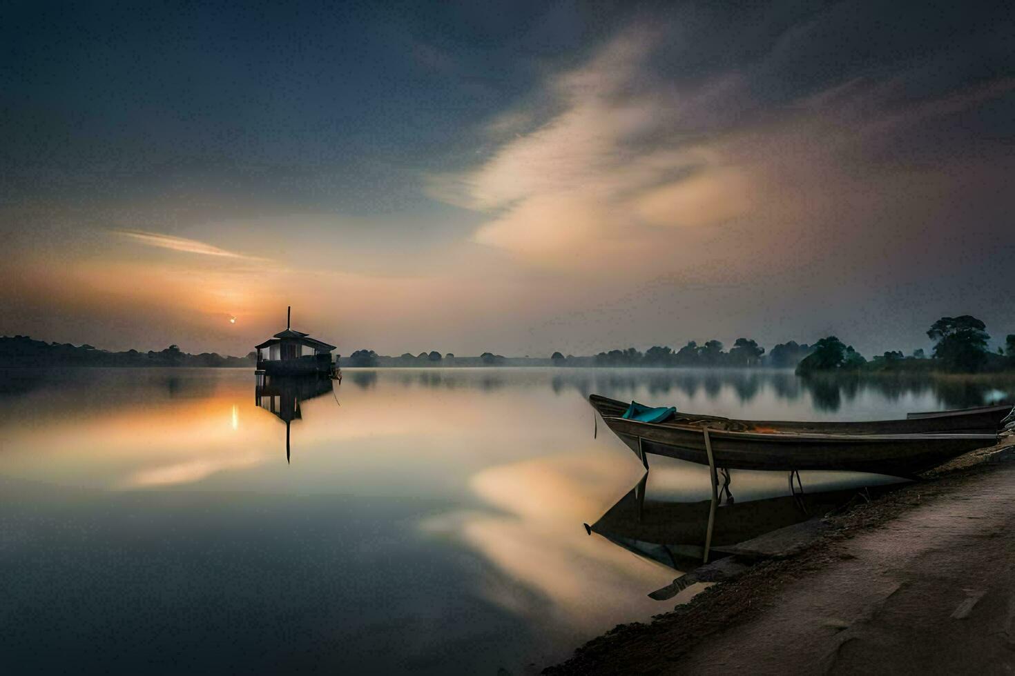 un' barca si siede su il riva di un' lago a tramonto. ai-generato foto