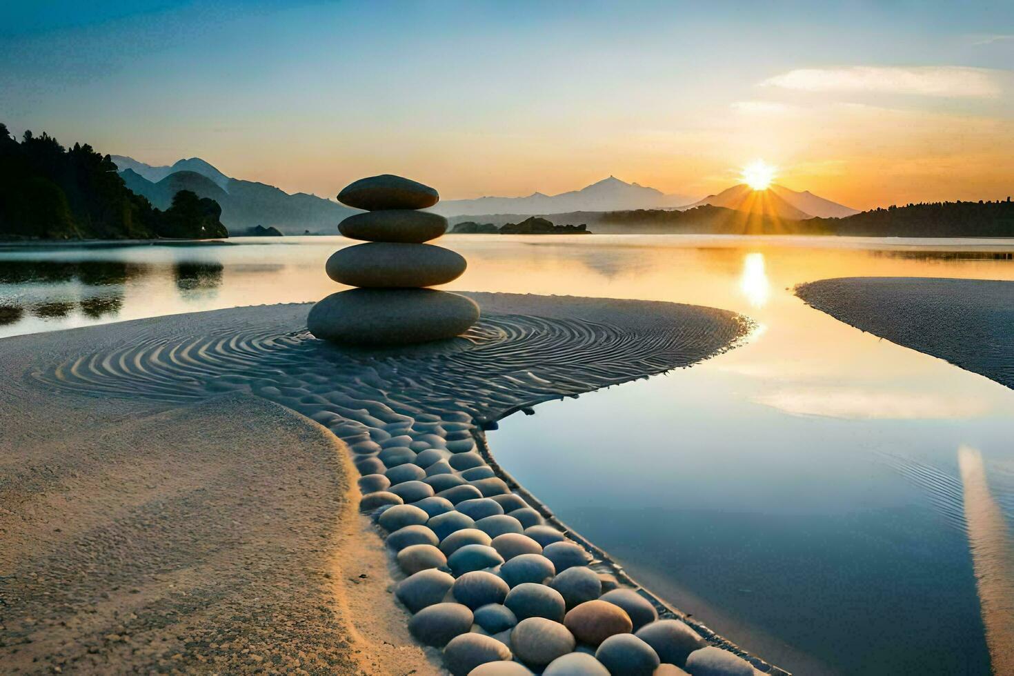un' pila di pietre su il riva di un' lago a tramonto. ai-generato foto