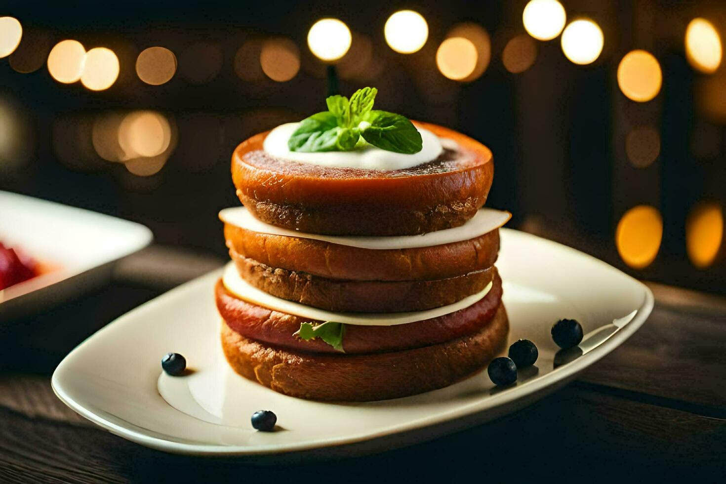 un' pila di Pancakes su un' piatto. ai-generato foto