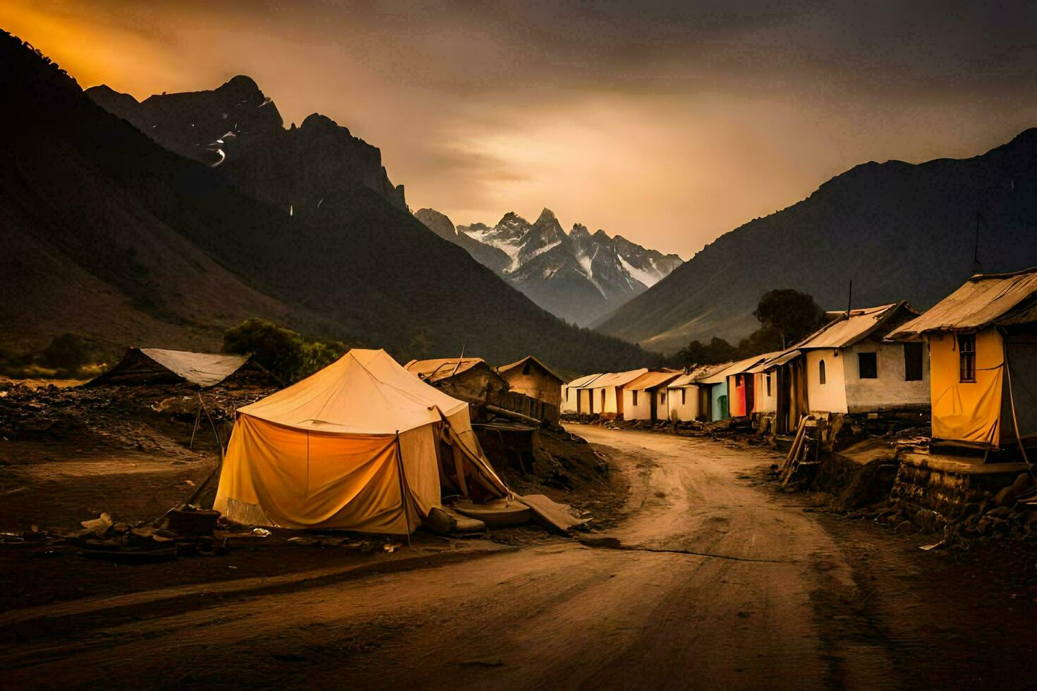 un' strada nel il montagne con tende e montagne nel il sfondo. ai-generato foto