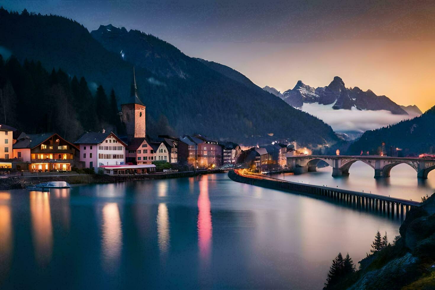 foto sfondo il cielo, montagne, fiume, cittadina, ponte, Casa, Casa, casa,. ai-generato