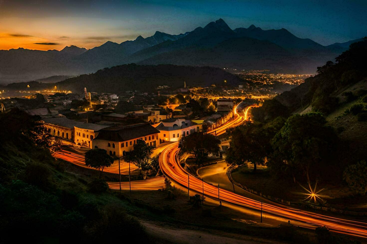 un' città a crepuscolo con montagne nel il sfondo. ai-generato foto