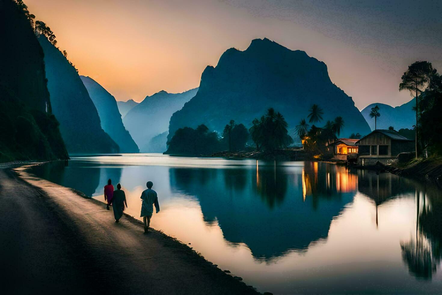 Due persone a piedi lungo il fiume a tramonto. ai-generato foto