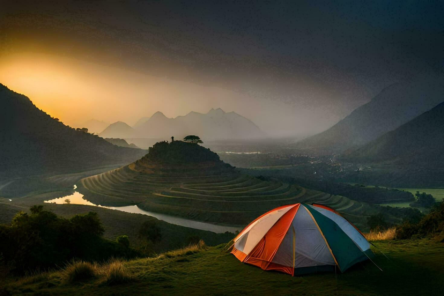 un' tenda nel il montagne a tramonto. ai-generato foto