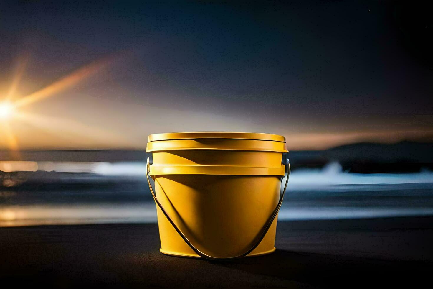 un' giallo secchio seduta su il spiaggia a notte. ai-generato foto