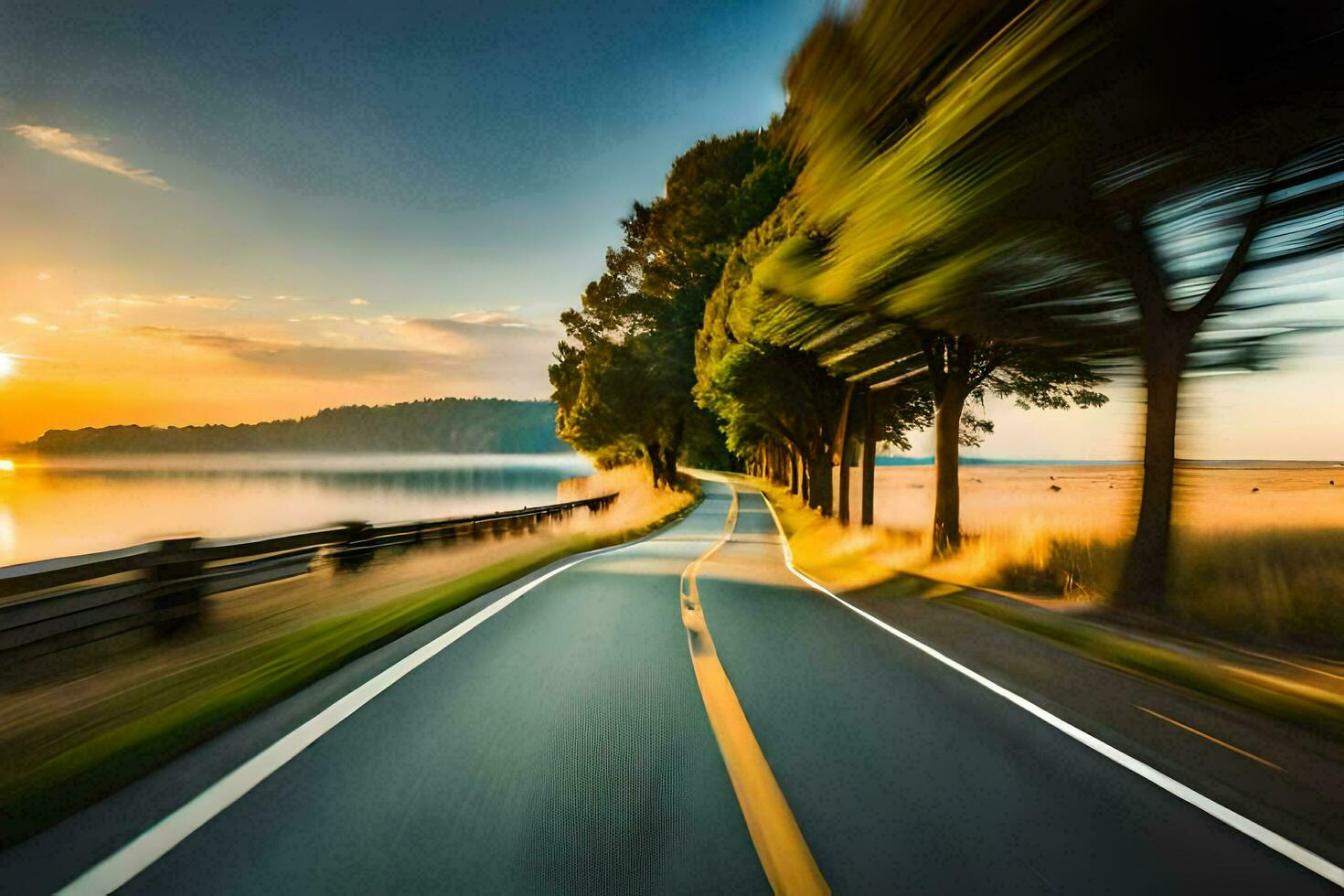 un' strada con alberi e un' lago a tramonto. ai-generato foto