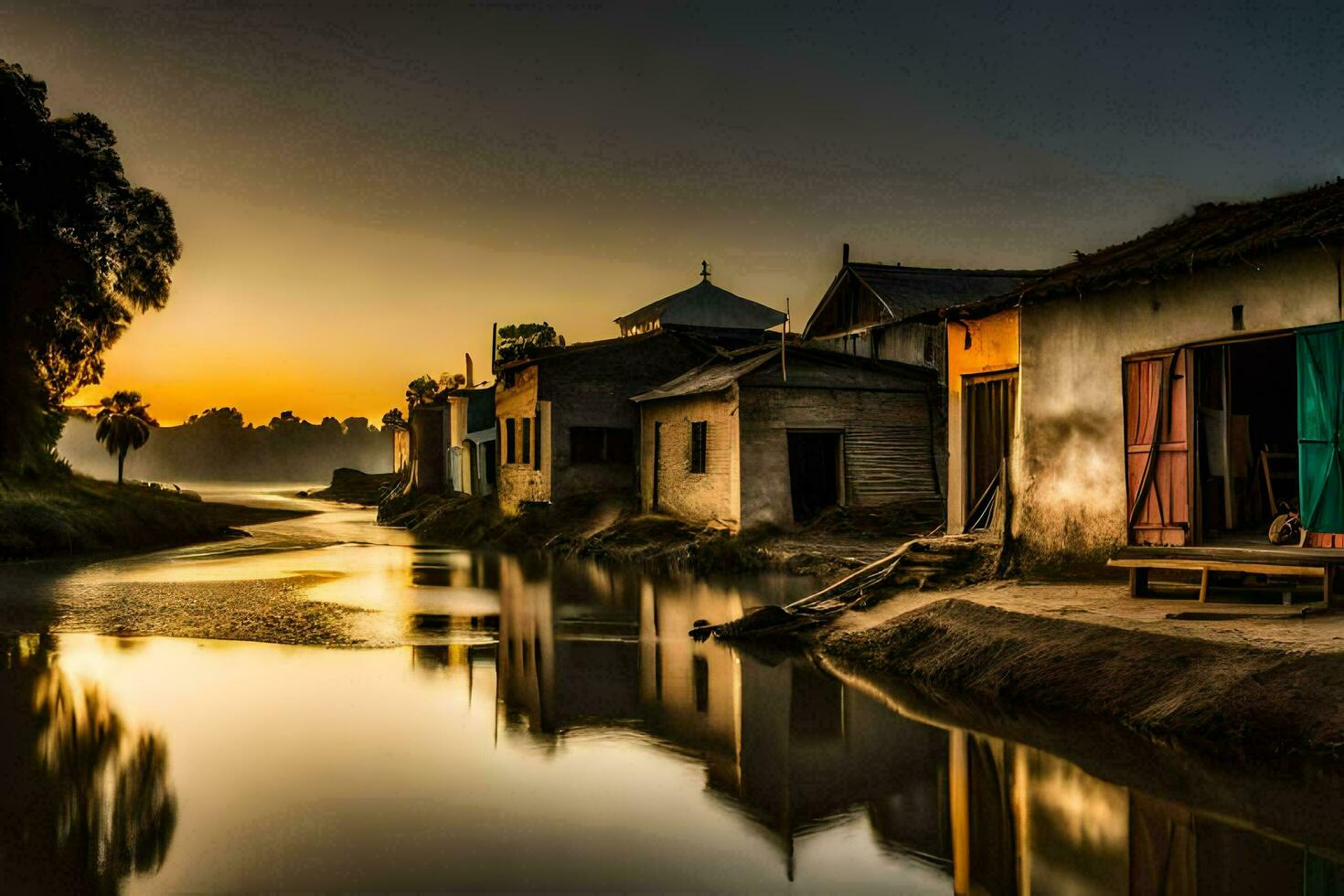 un' fiume nel il villaggio a tramonto. ai-generato foto