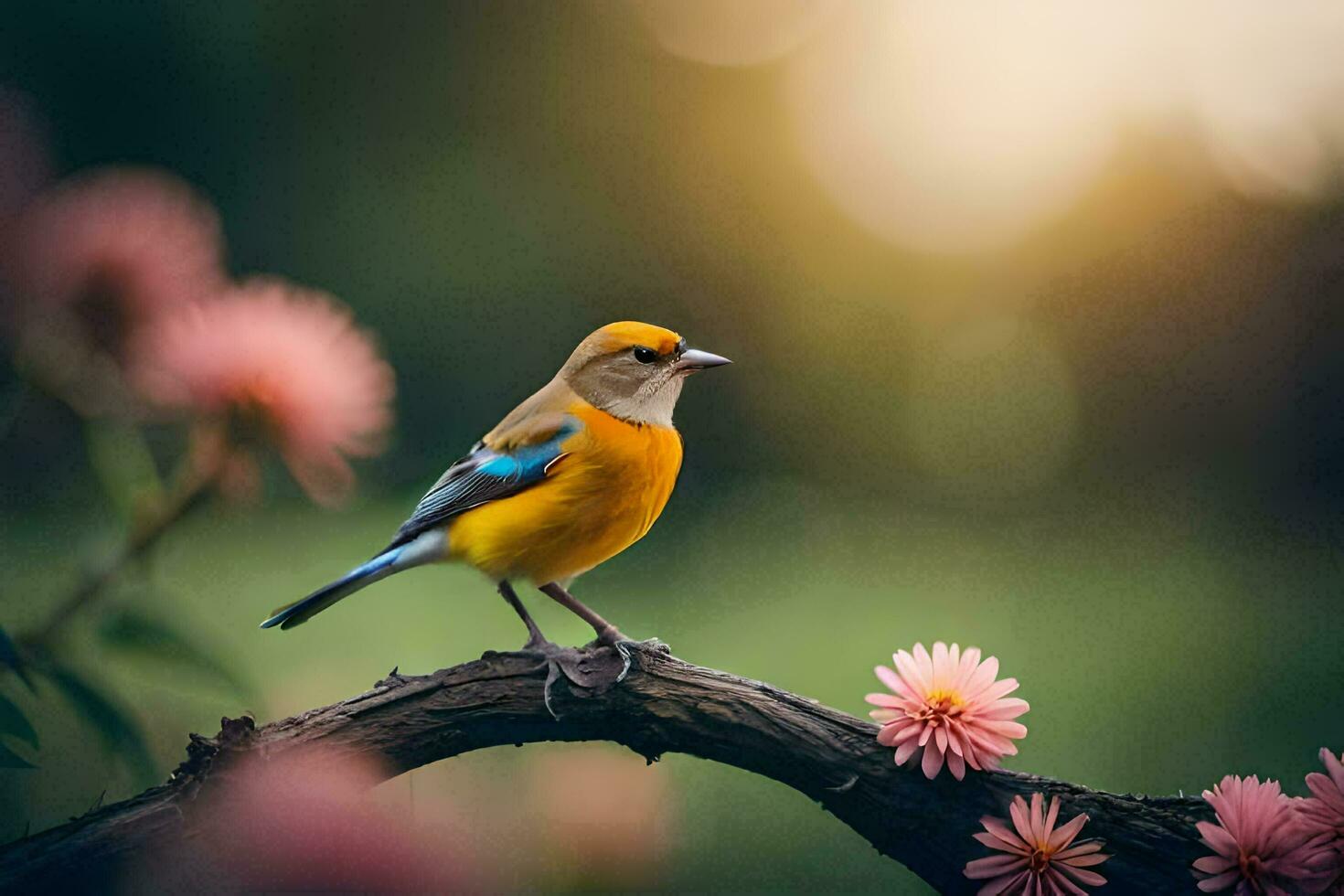 un' piccolo uccello è arroccato su un' ramo con rosa fiori. ai-generato foto