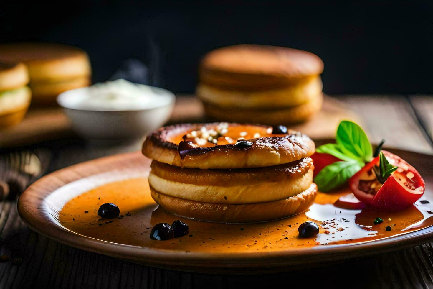 un' piatto con Pancakes e salsa su esso. ai-generato foto