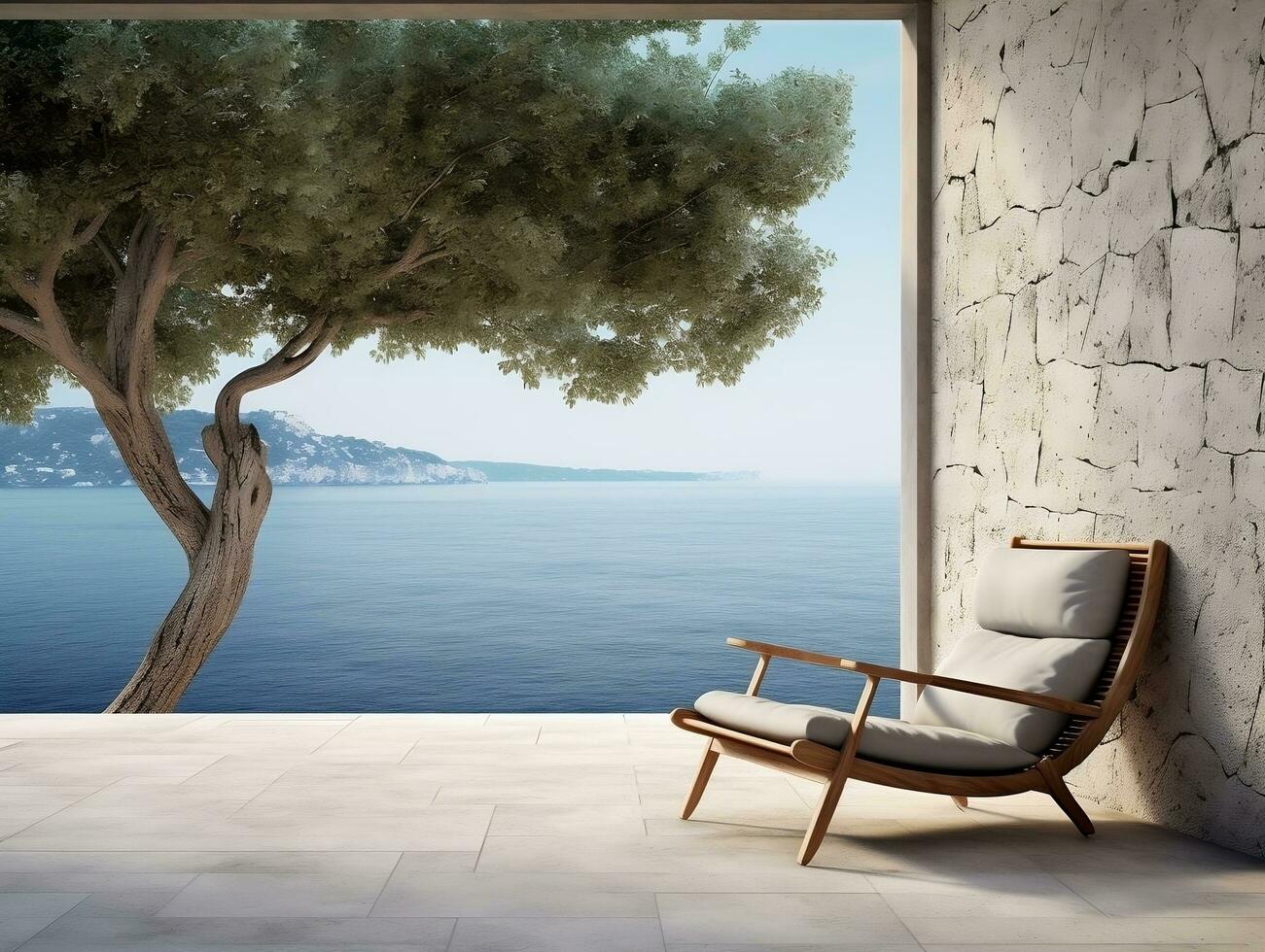 balcone terrazza di un' pietra Casa di un' blu mare con un' spiaggia sedia vicino un' albero ai generativo foto