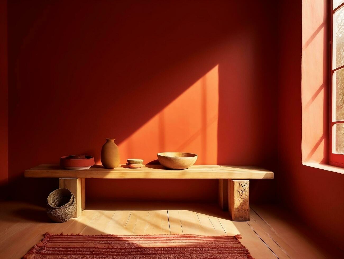 moderno camera con rosso muri e di legno panchina ai generativo foto