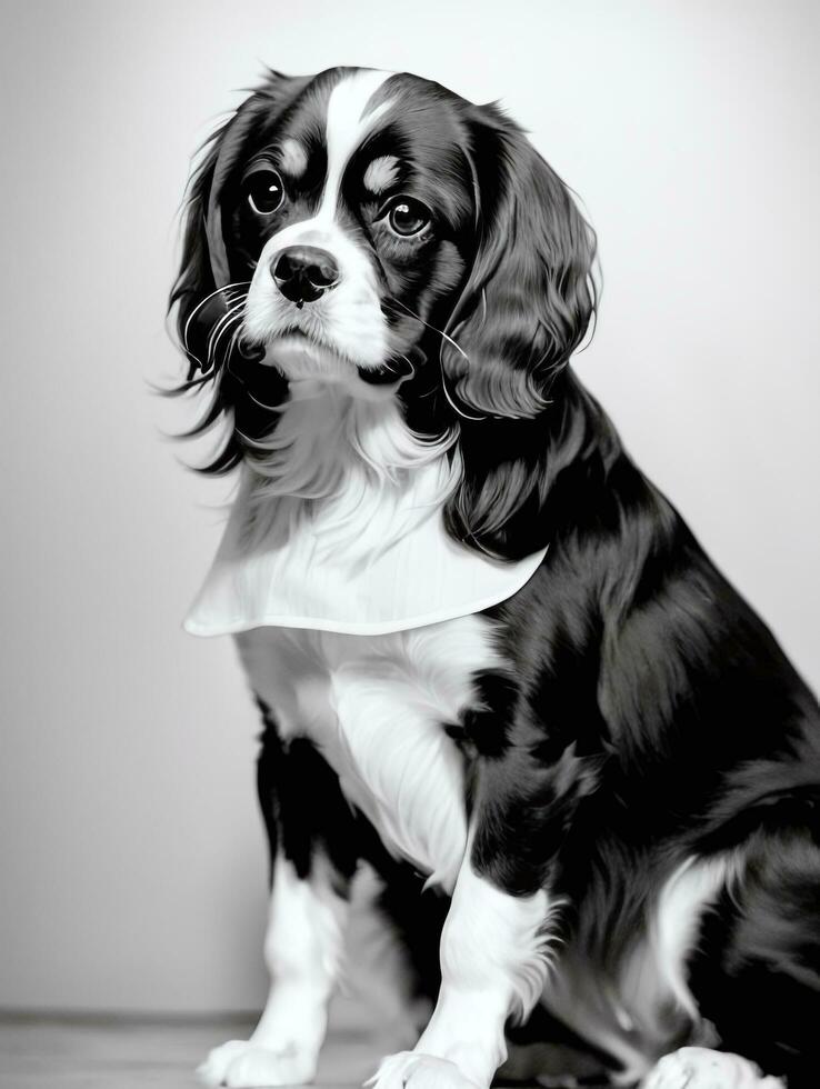 contento cavaliere re charles spaniel cane nero e bianca monocromatico foto nel studio illuminazione