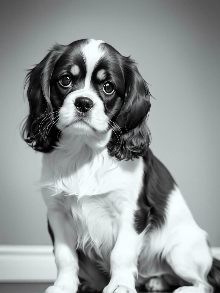 contento cavaliere re charles spaniel cane nero e bianca monocromatico foto nel studio illuminazione