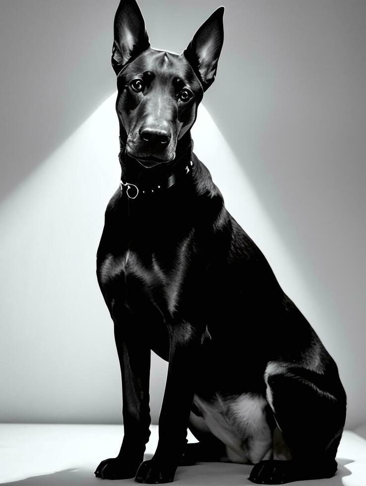 contento doberman pinscher cane nero e bianca monocromatico foto nel studio illuminazione