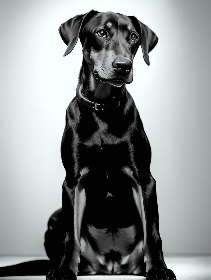 contento doberman pinscher cane nero e bianca monocromatico foto nel studio illuminazione