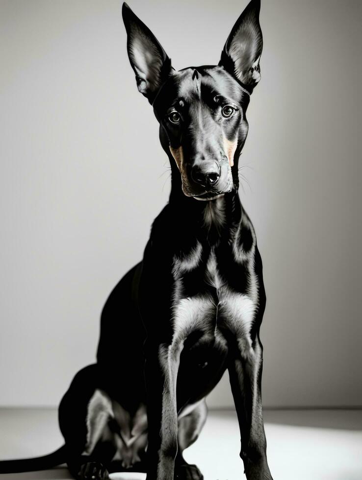 contento doberman pinscher cane nero e bianca monocromatico foto nel studio illuminazione