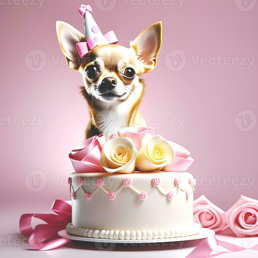 bellissimo carino chihuahua cucciolo con un' enorme torta. contento animale domestico compleanno. ai-generato foto