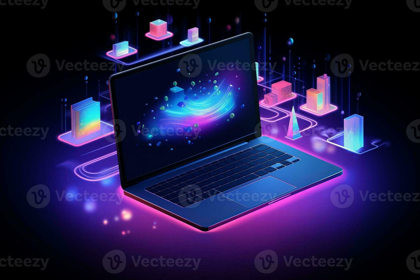 Software sviluppo, codice analisi e App sviluppo concetto con il computer portatile nel isometrico Visualizza visualizzazione futuristico ui foto