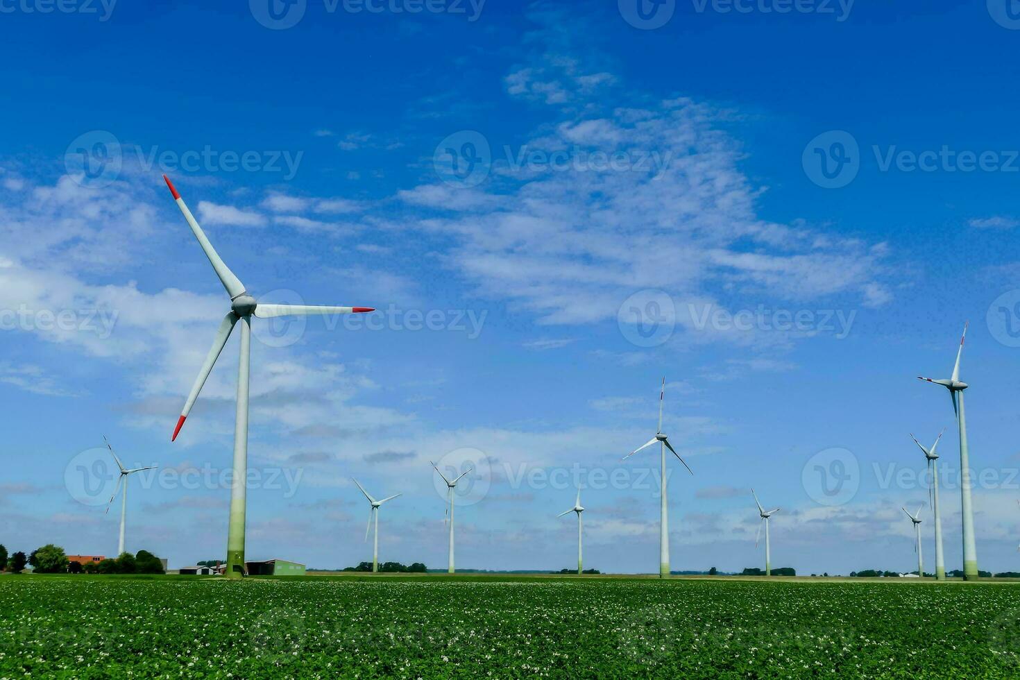 vento turbine nel un' campo con blu cielo foto