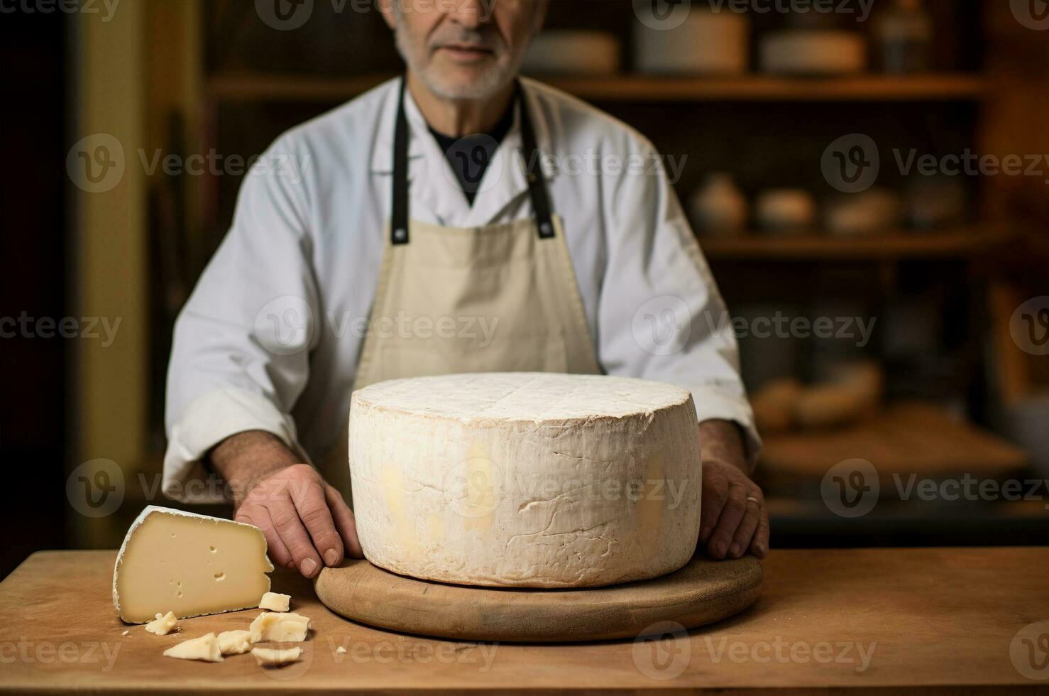 un anziano uomo è un' formaggio creatore. formaggio produzione. generativo ai foto