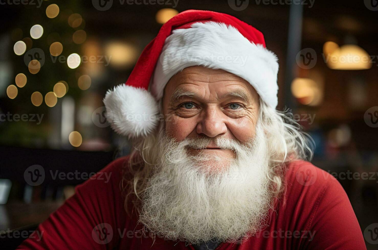 Santa Claus contro il sfondo di un' Natale albero e ghirlanda. sorridente Santa con grigio barba. generativo ai foto