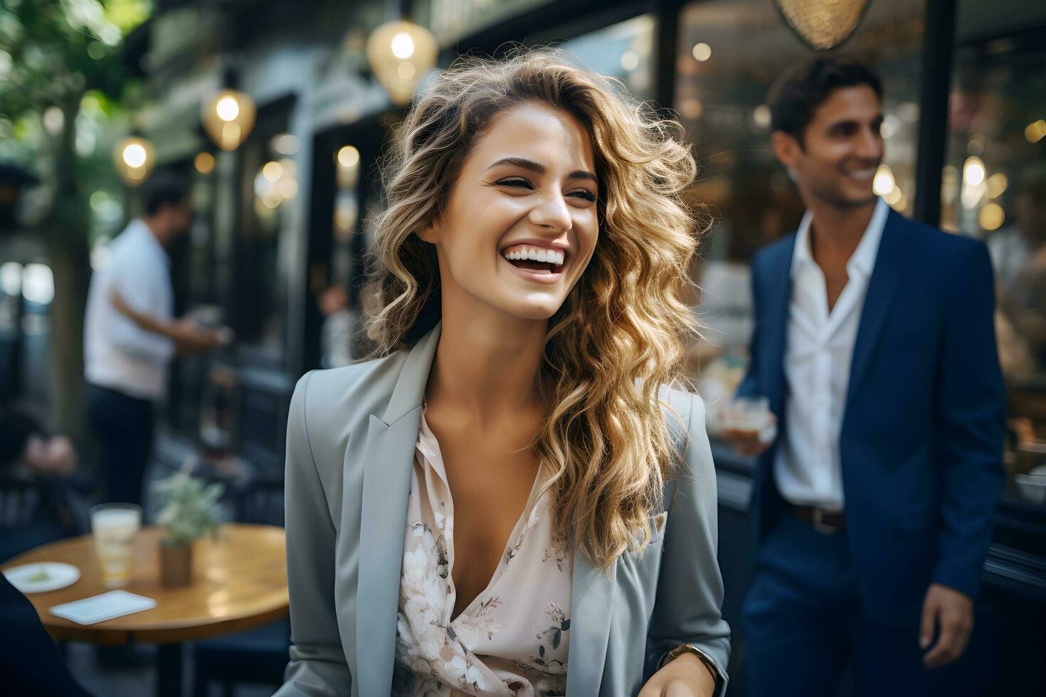 bellissimo sorridente caucasico attività commerciale donna è Tenere caffè tazza e a piedi con amici su strada nel il città. ai generato foto