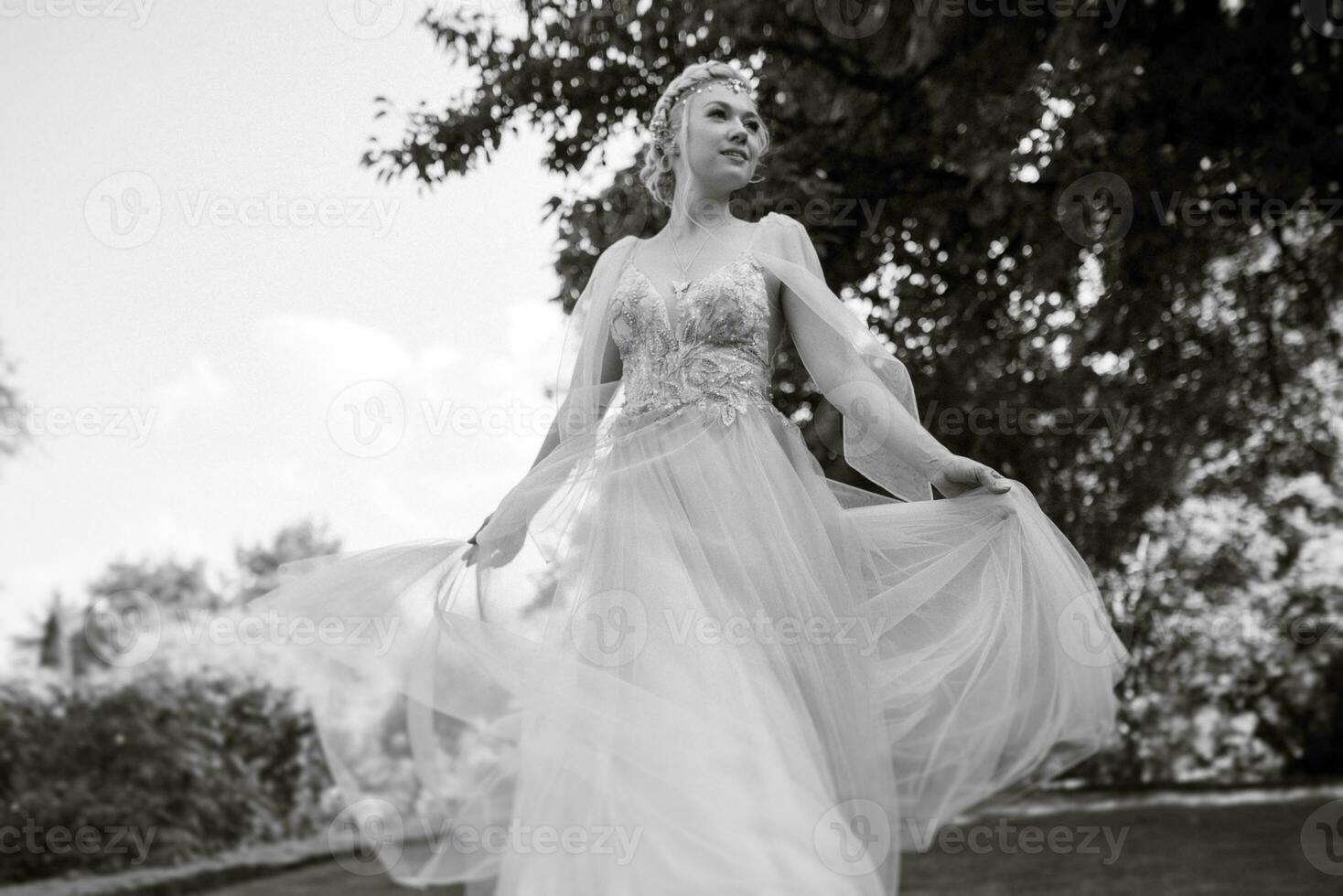 ritratto di un' contento sposa nel un' leggero leggero vestito nel indossare elfo Accessori foto