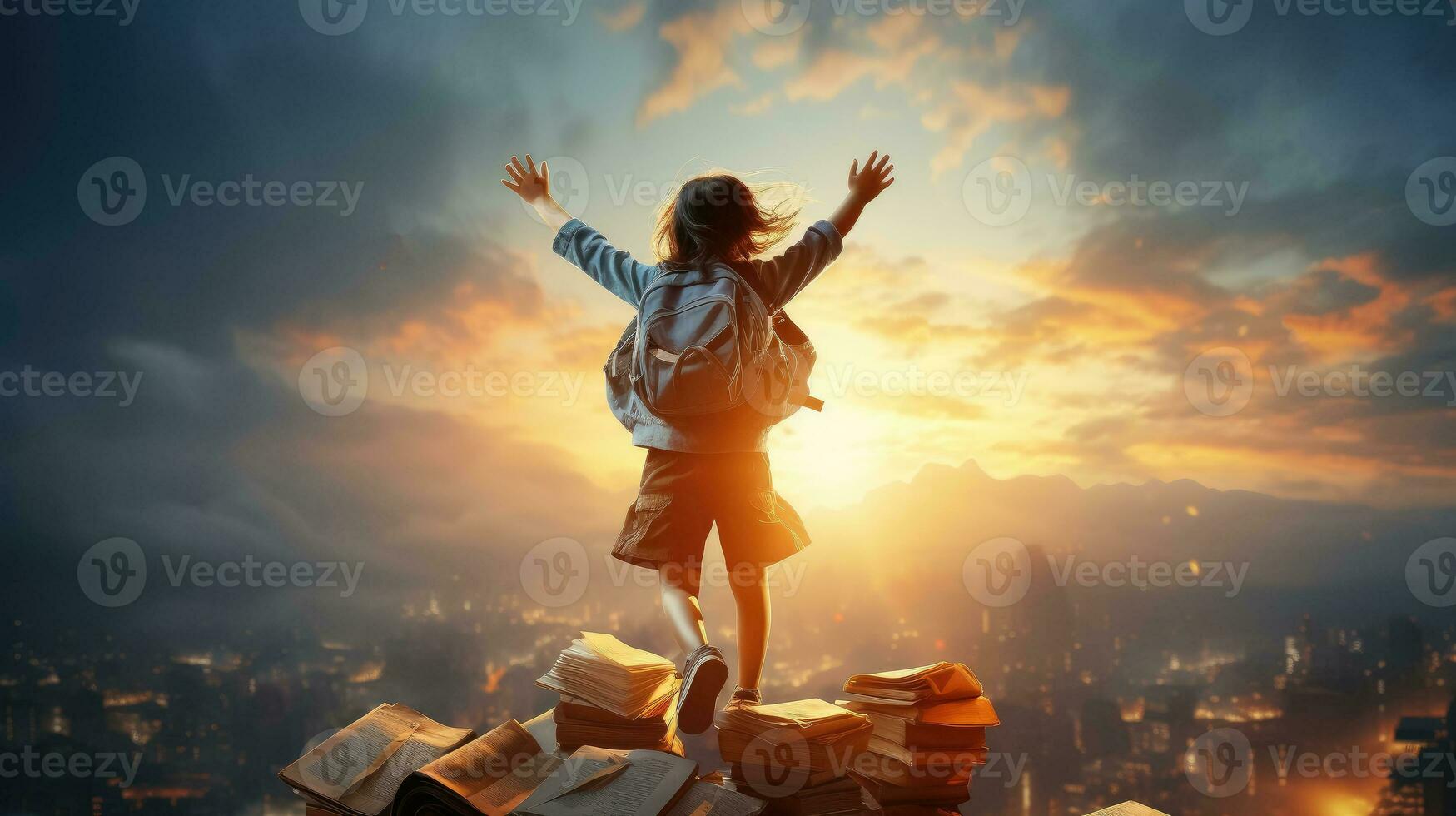 contento sorridente poco ragazzo sedersi su libro di tramonto cielo , il sviluppo di il immaginazione di elementare scuola bambini foto