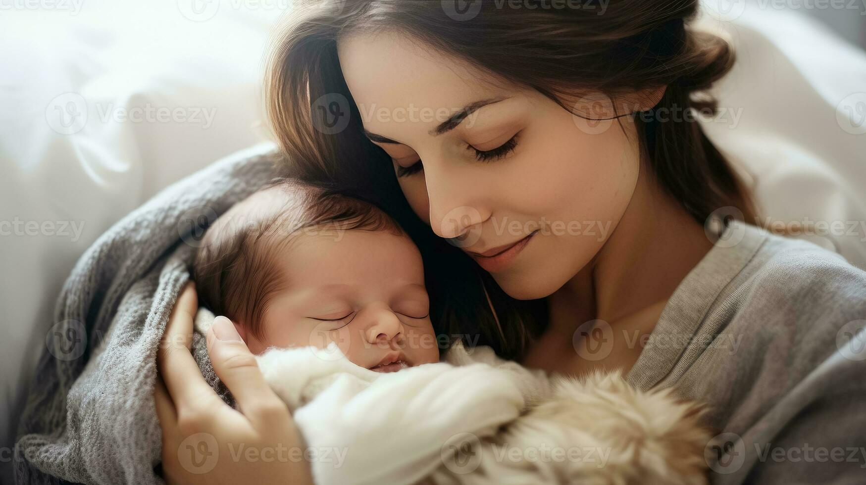 ritratto bella donna Tenere un' neonato bambino , amorevole mamma carezza di sua neonato bambino nel sua braccia foto