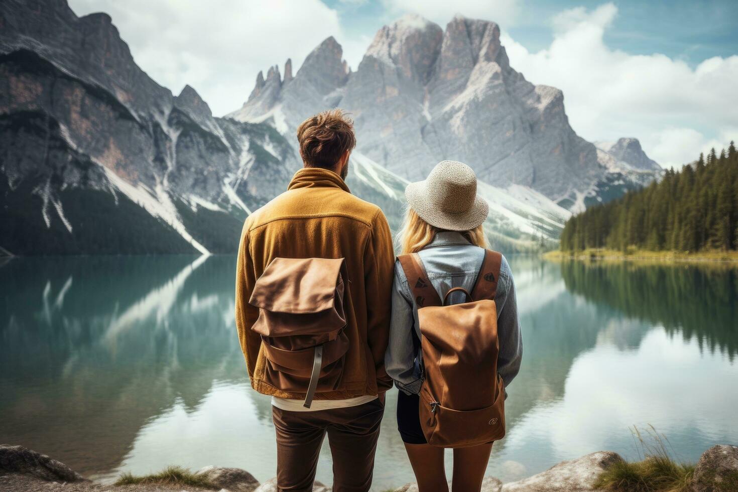 indietro Visualizza di giovane coppia con zaini guardare a bellissimo lago nel dolomiti, Italia, posteriore Visualizza di i viaggiatori coppia guardare a il montagna lago, ai generato foto