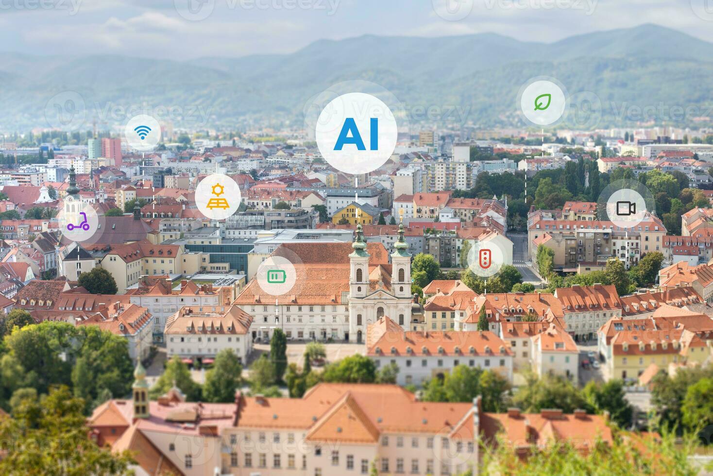 concetto di inteligente città controllo con artificiale intelligenza. icone volare al di sopra di il città foto