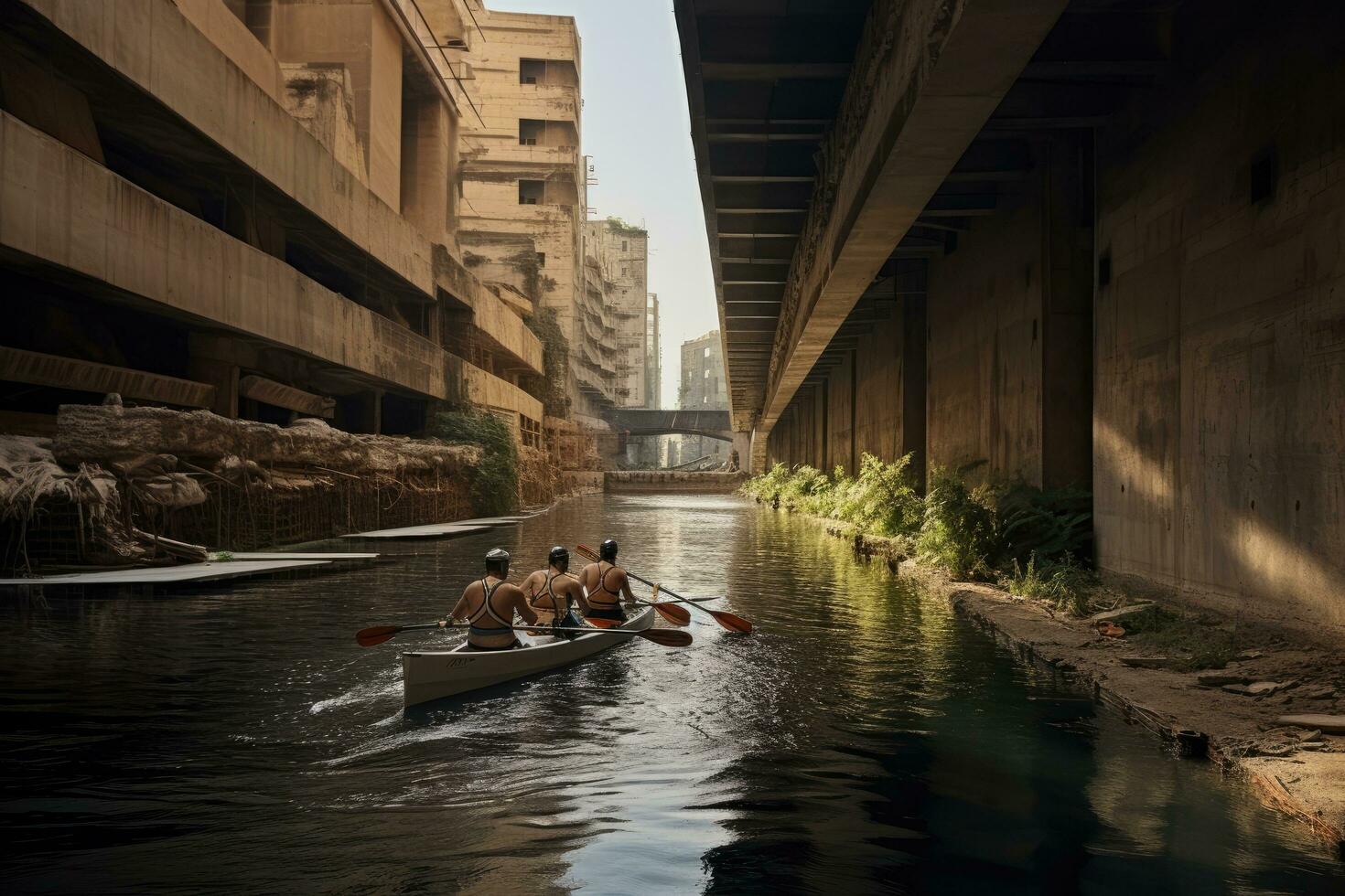 Due uomini canottaggio su il fiume nel dubai, unito arabo emirati, vogatori crescere su di calcestruzzo nel un' perso città, ai generato foto
