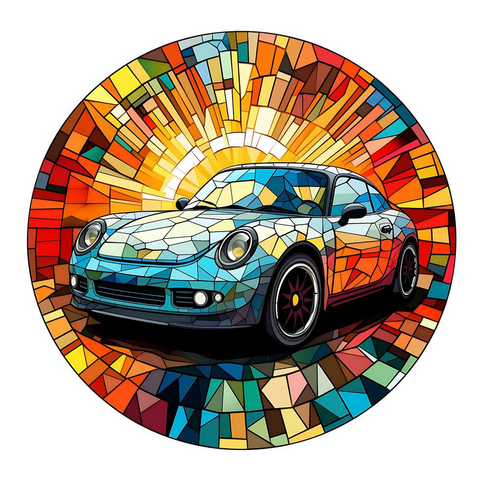 un' Visualizza di un' auto nel un' cerchio di colorato macchiato bicchiere illustrazione design foto