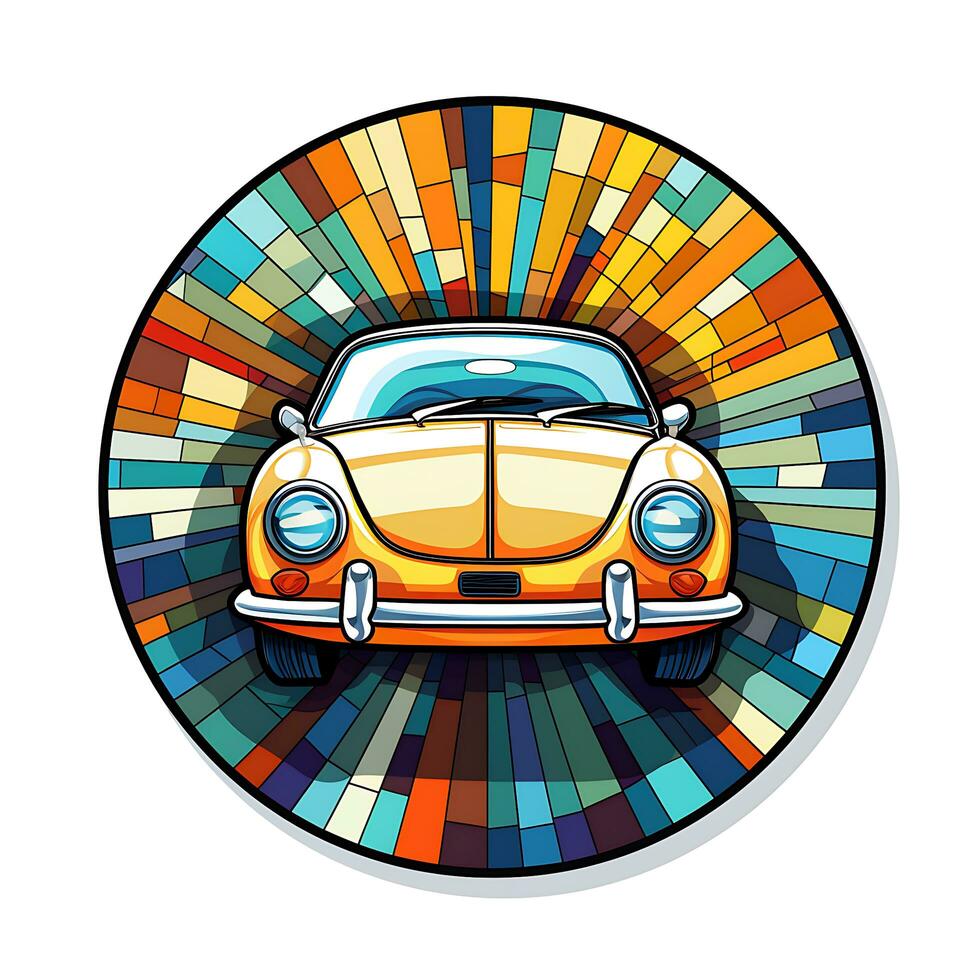 un' Visualizza di un' auto nel un' cerchio di colorato macchiato bicchiere illustrazione design foto