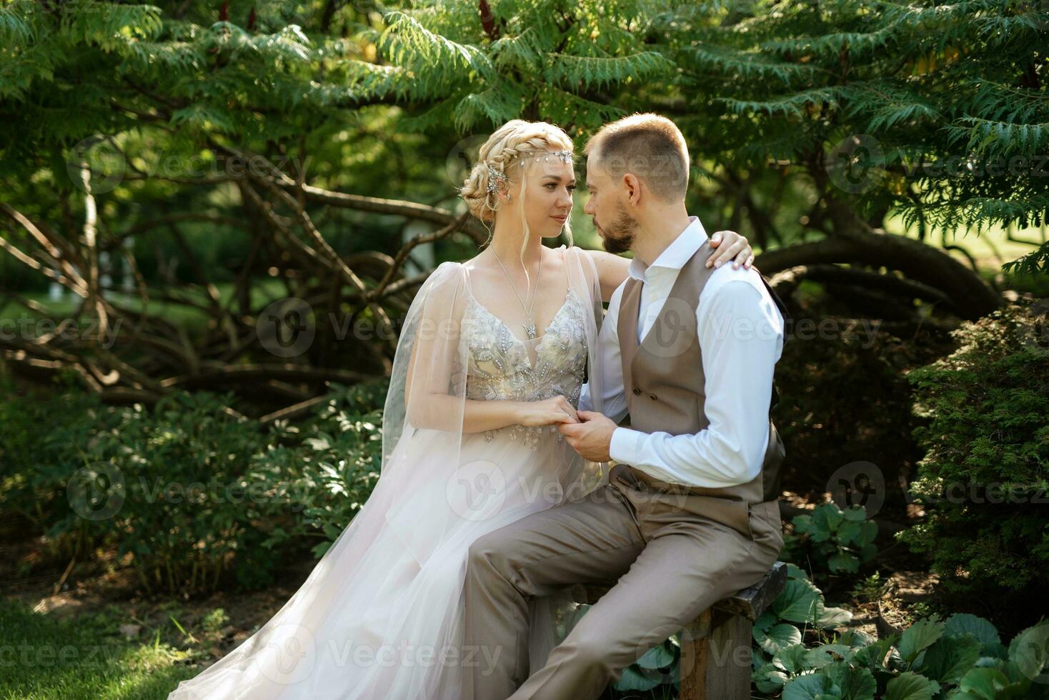 nozze camminare di il sposa e sposo nel un' conifero nel elfo Accessori foto