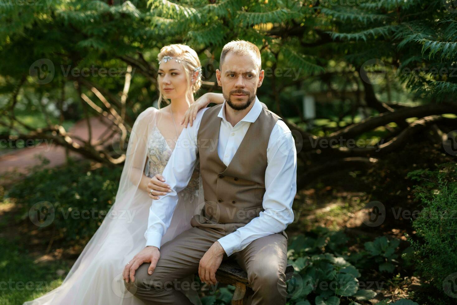 nozze camminare di il sposa e sposo nel un' conifero nel elfo Accessori foto