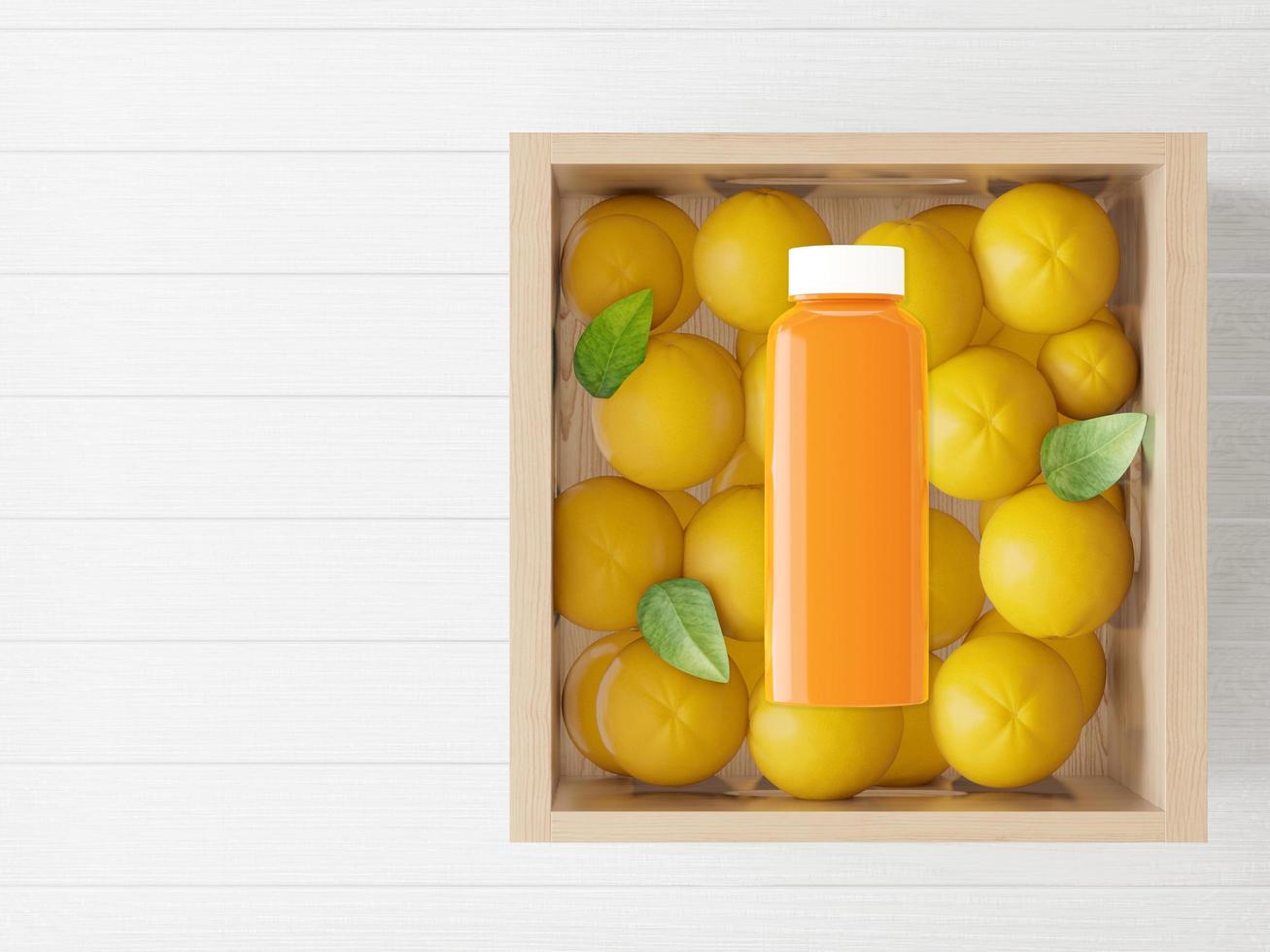 una bottiglia usata per confezionare il succo d'arancia con le arance. foto