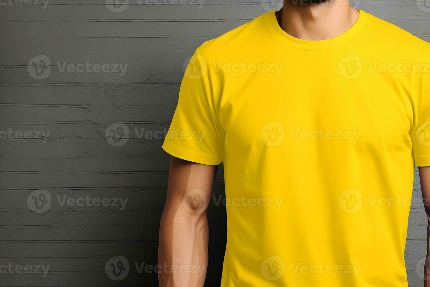 ai generato irriconoscibile uomo vestito nel giallo cotone maglietta contro grigio sfondo modello amichevole copia spazio design foto