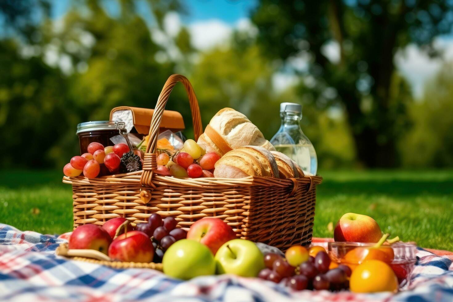 picnic cestino con cibo su verde erba nel parco. picnic cestino con frutta e succo, picnic cestino ha un' lotto di cibo su verde erba con blu cielo nel parcheggiare.lì siamo latte ,mele ,arance, ai generato foto