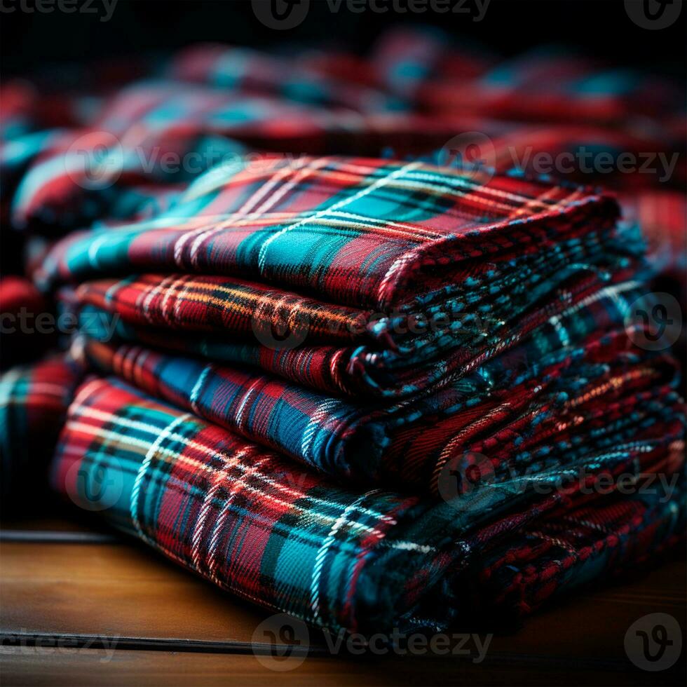 struttura di rugoso, spiegazzato tartan tessuto avvicinamento, tradizionale Scozzese capi di abbigliamento - ai generato Immagine foto