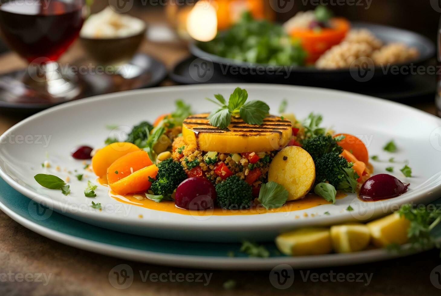 ai generativo cibo fotografia, colorato vegano piatto perfettamente disposte e servito a vegano ristorante, foto